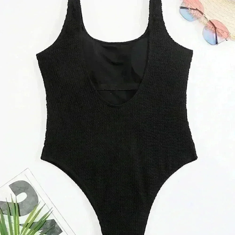 Black Women's Solid Color Sport One Piece Swimsuit Candy Color Textured Fabric